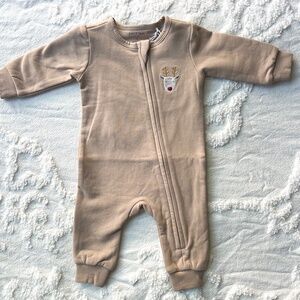 Petit Lem Little Reindeer on Taupe Organic Fleece Playsuit 3M NWT